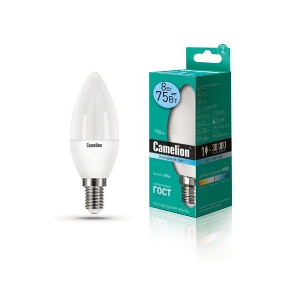 Camelion  LED ნათურა Lamp -  LED8-C35/845/E14 ნათურა ლედ განათებით ეკონომიური 8 ვატი    016134