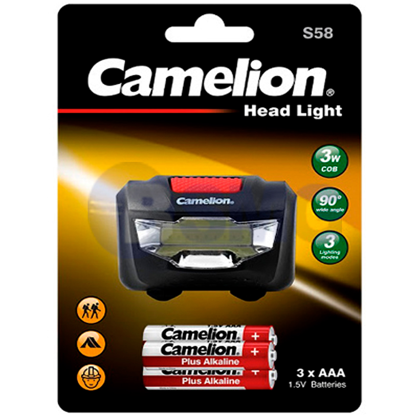 7954 Camelion Flashlight S58-3LR03DB 3W COB Safety light,black color,three lighting modes,3AAA batteries included   023821