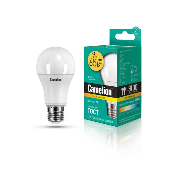 Camelion Led Lamp LED9-A60/830/E27 ნათურა ლედ განათებით ეკონომიური 9 ვატი (ეკვივალენტი 65 ვატის)  თბ      017560