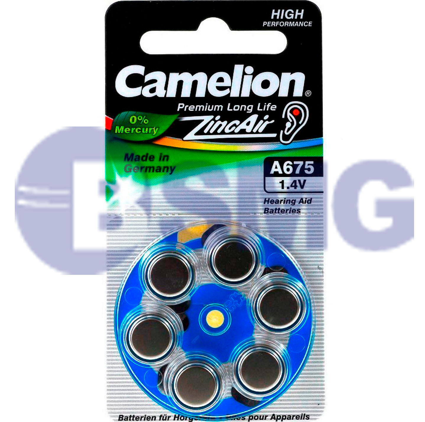 4509 Camelion Zinc Air (mercury free) A675 ელემენტი-ღილაკი,   A675-BP6 (1 ცალი)  014877