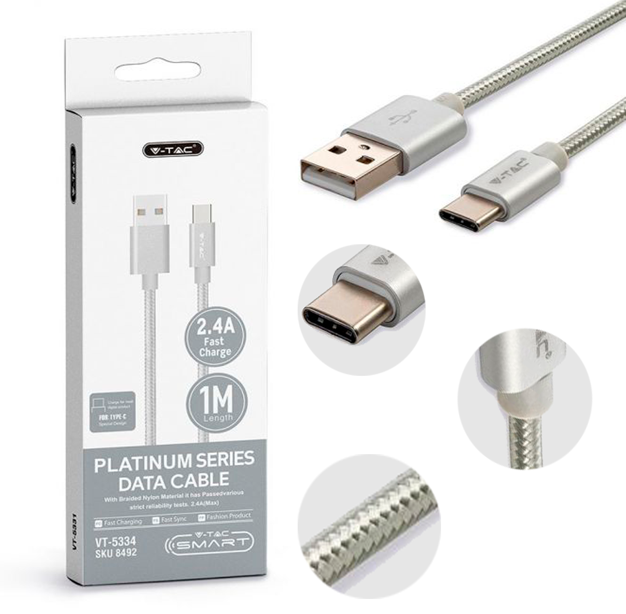 8492-1მ USB შნური ტიპი C ვერცხლის  ფერი სერია PLATINUM  015735