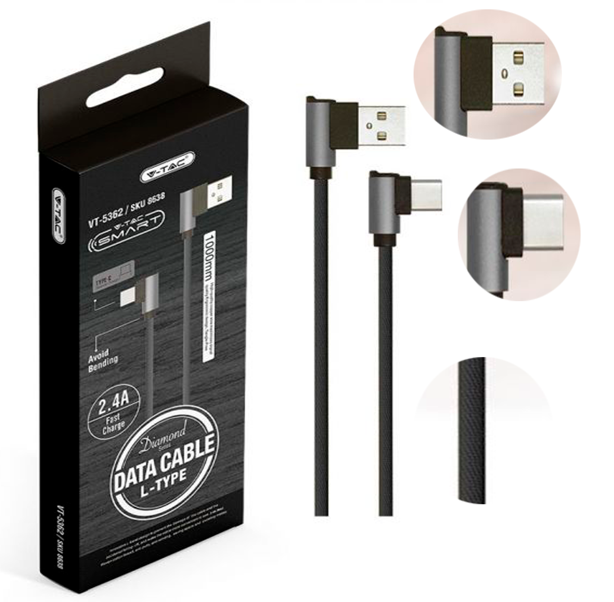 8638-1მ USB შნური ტიპი C  შავი  ფერი სერია DIAMOND  015751