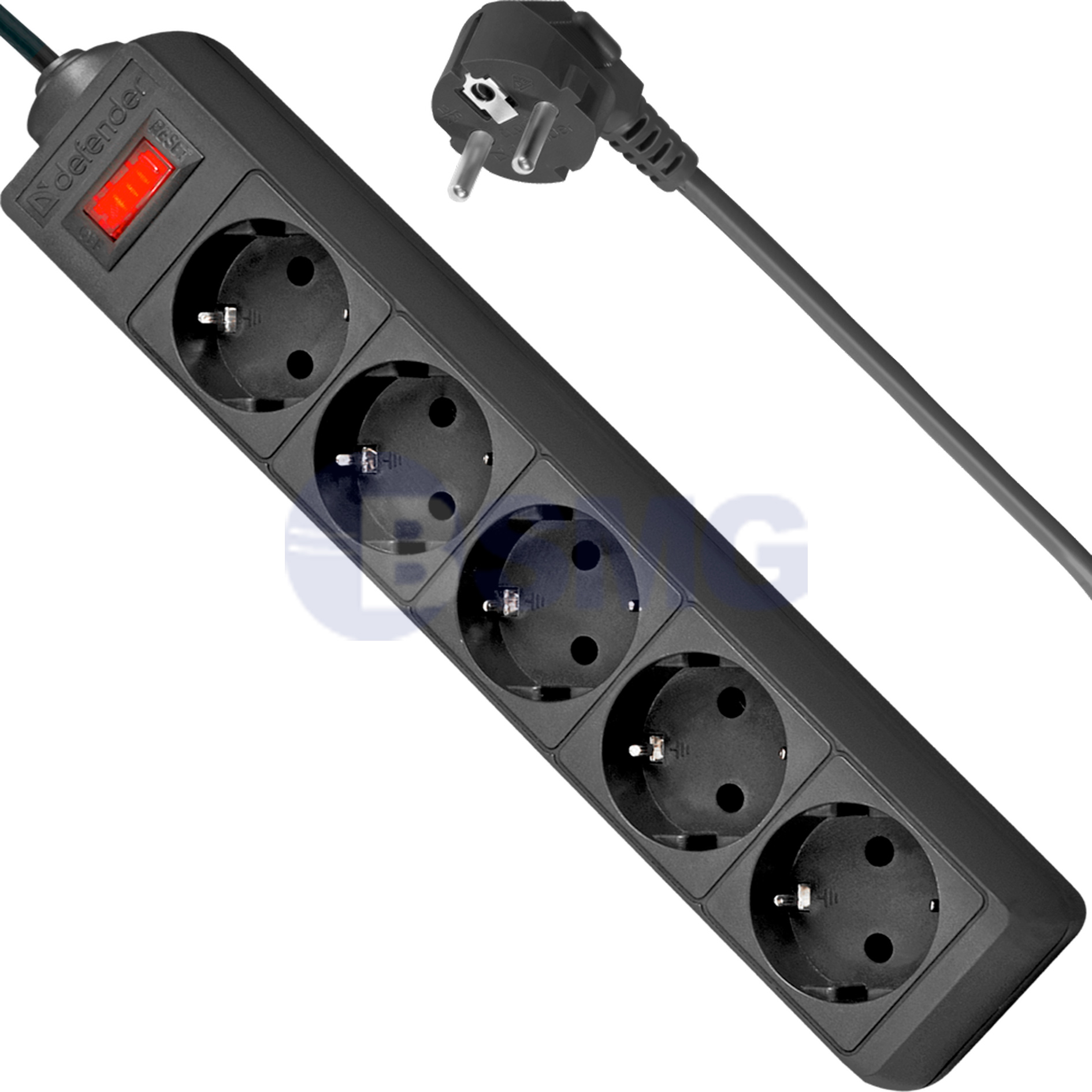 Defender -დამაგრძელებელი 5 ჩასართველით, 3 მეტრიანი, ჩამრთველით, შავი   025925