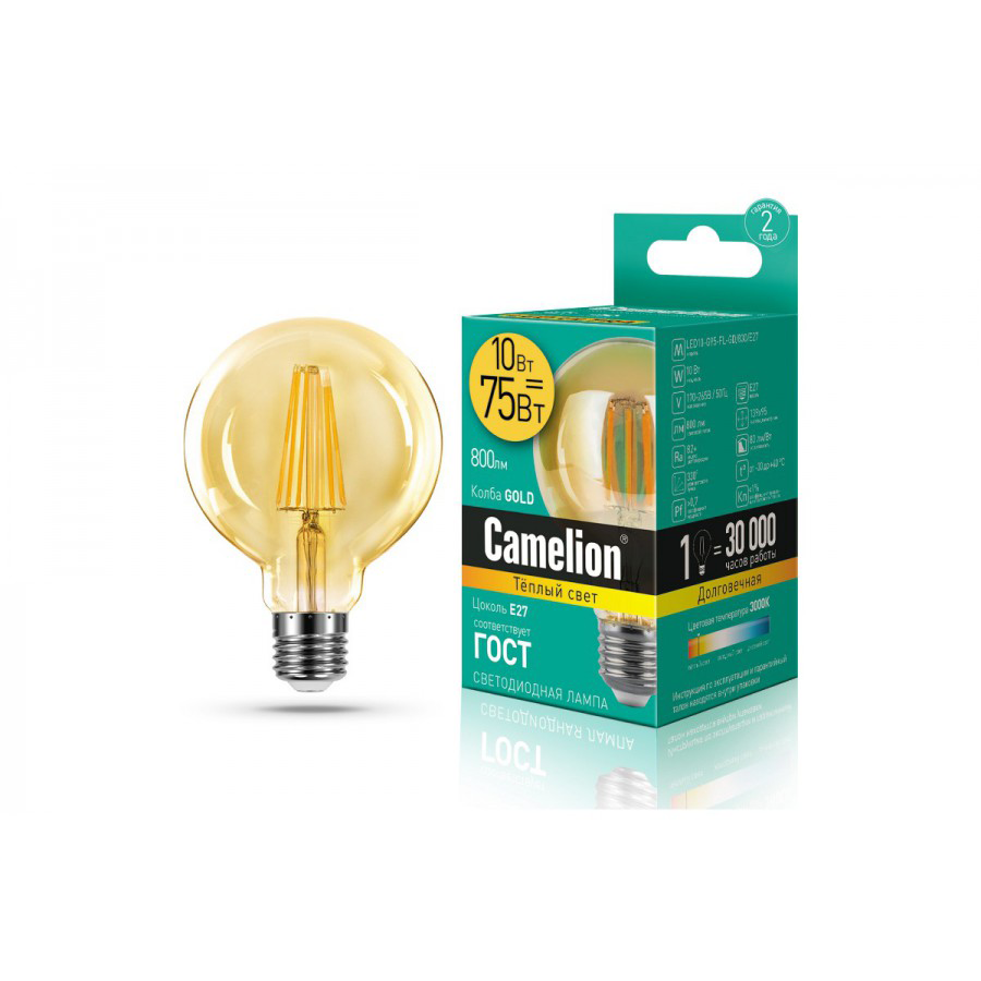 Camelion Led Lamp Filament LED10-G95-FL-GD/830/E27  ფილამენტის  დიოდური ნათურა 10 ვატის ეკვ     021337
