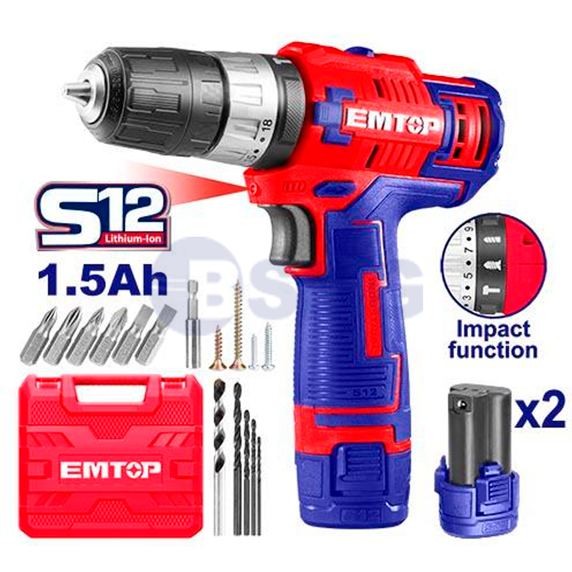 EMTOP ხრახნდამჭერი Li-Ion დარტყმითი 12ვ, 2 ელემენტი ECIDL12622  024787