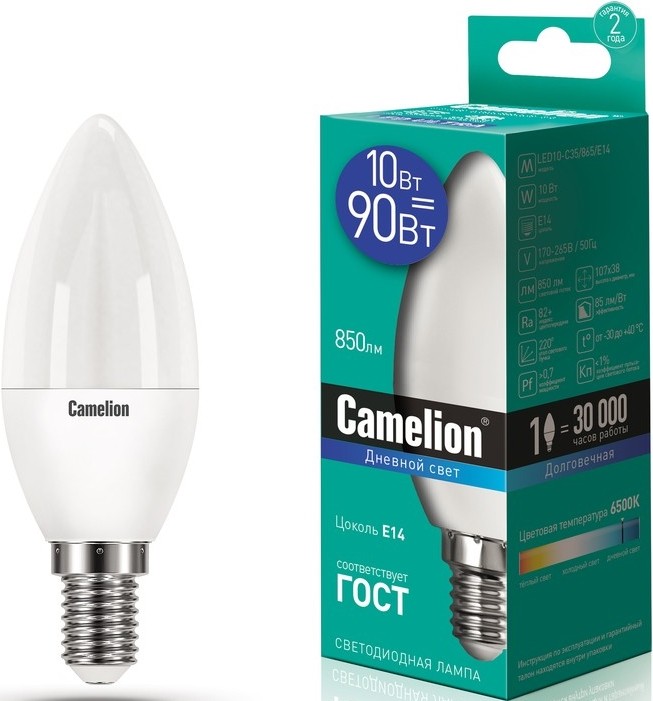 Camelion  LED ნათურა Lamp -  LED10-C35/865/E14 ნათურა ლედ განათებით ეკონომიური 10 ვატი (ეკვივალენტი   016131