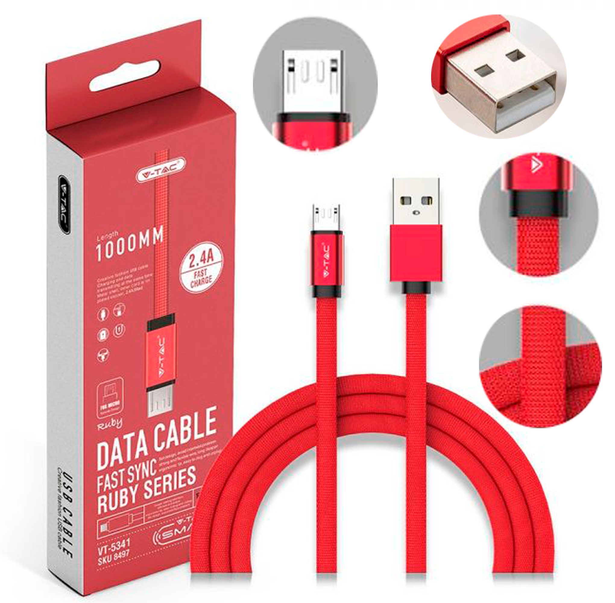 8631-1მ USB შნური ტიპი C  წითელი ფერი სერია RUBI  015734