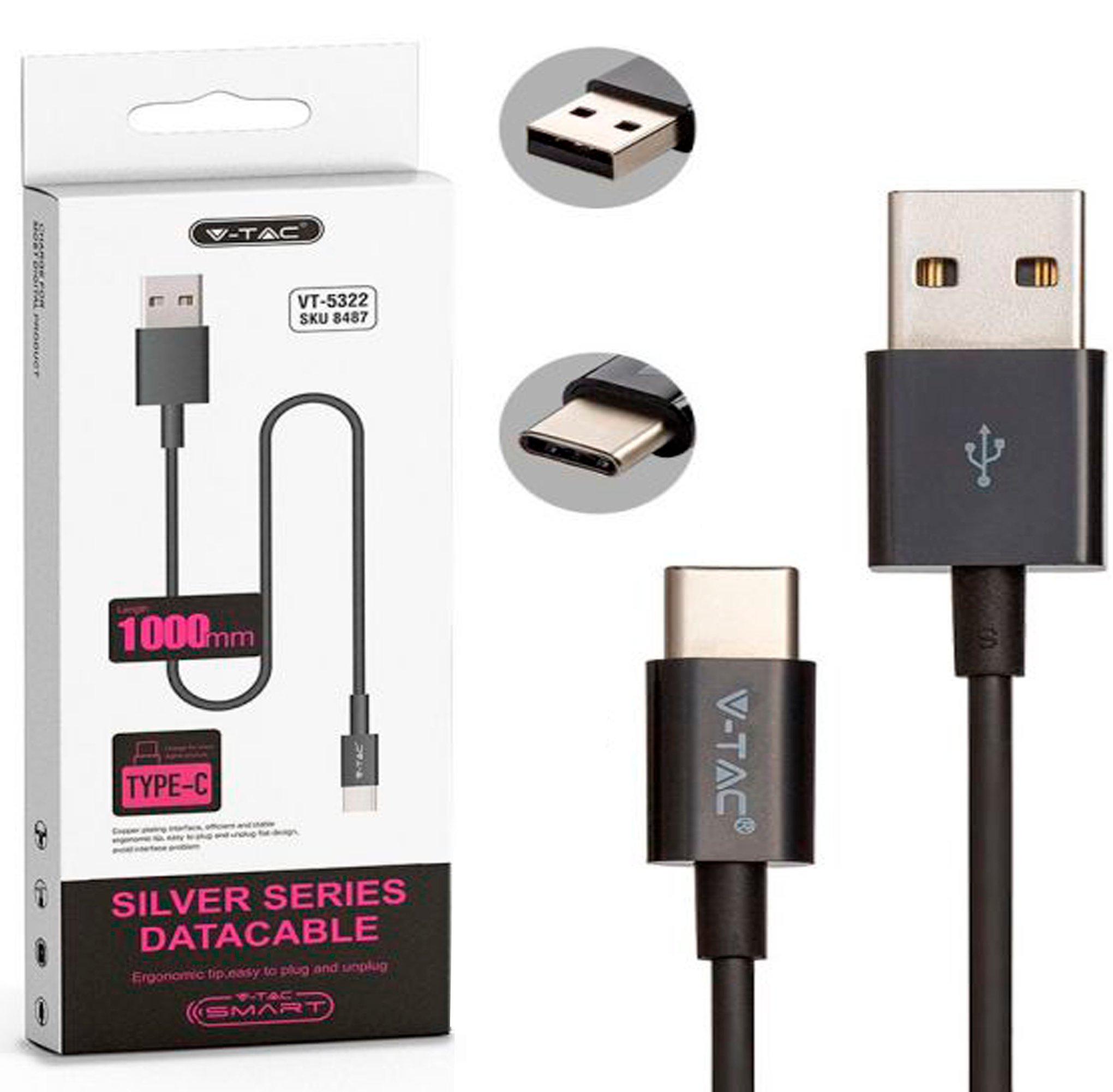 8487-1მ USB შნური ტიპი C შავი ფერი სერია SILVER  015729