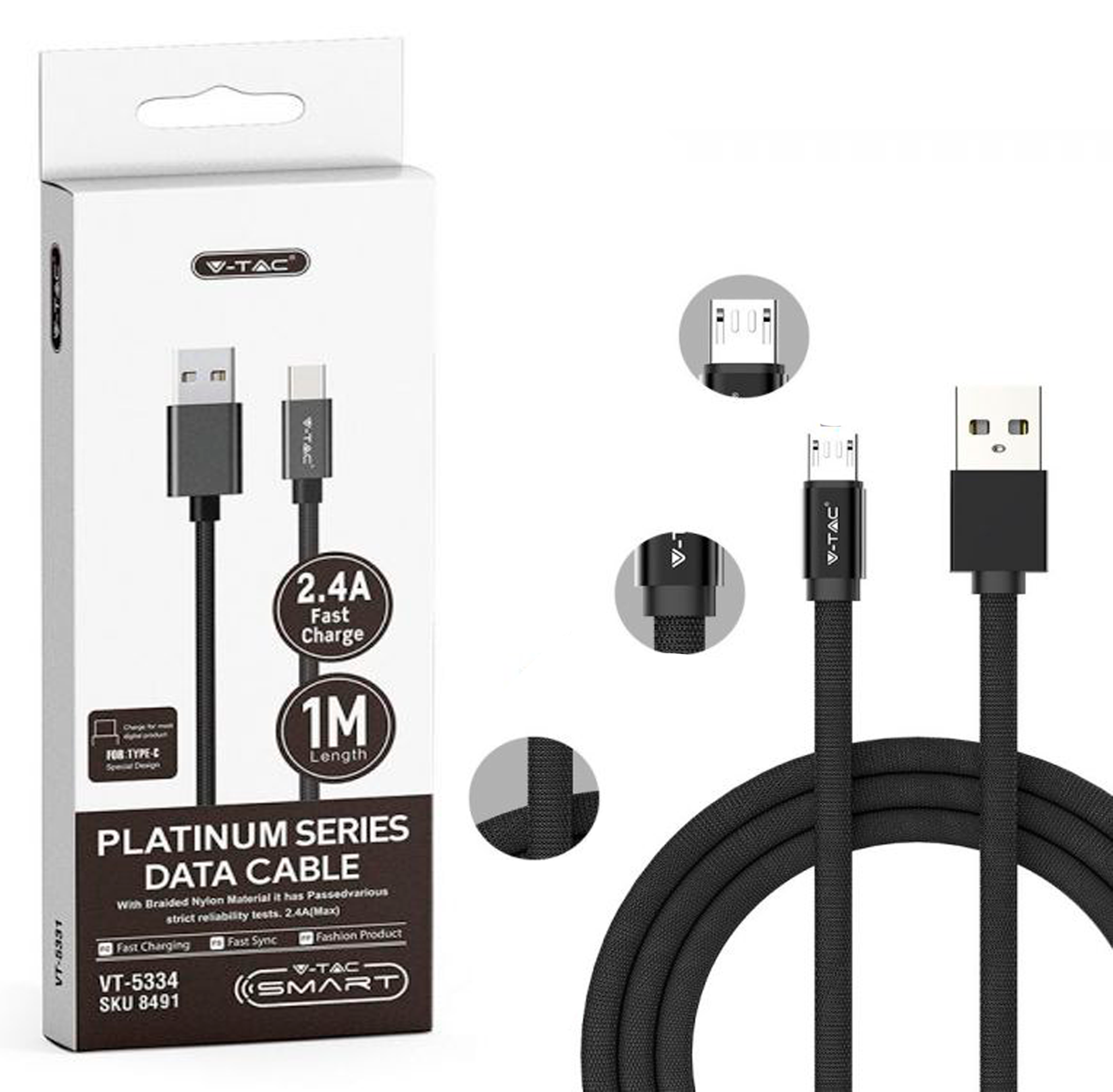 8491-1მ USB შნური ტიპი C შავი  ფერი სერია PLATINUM   015737