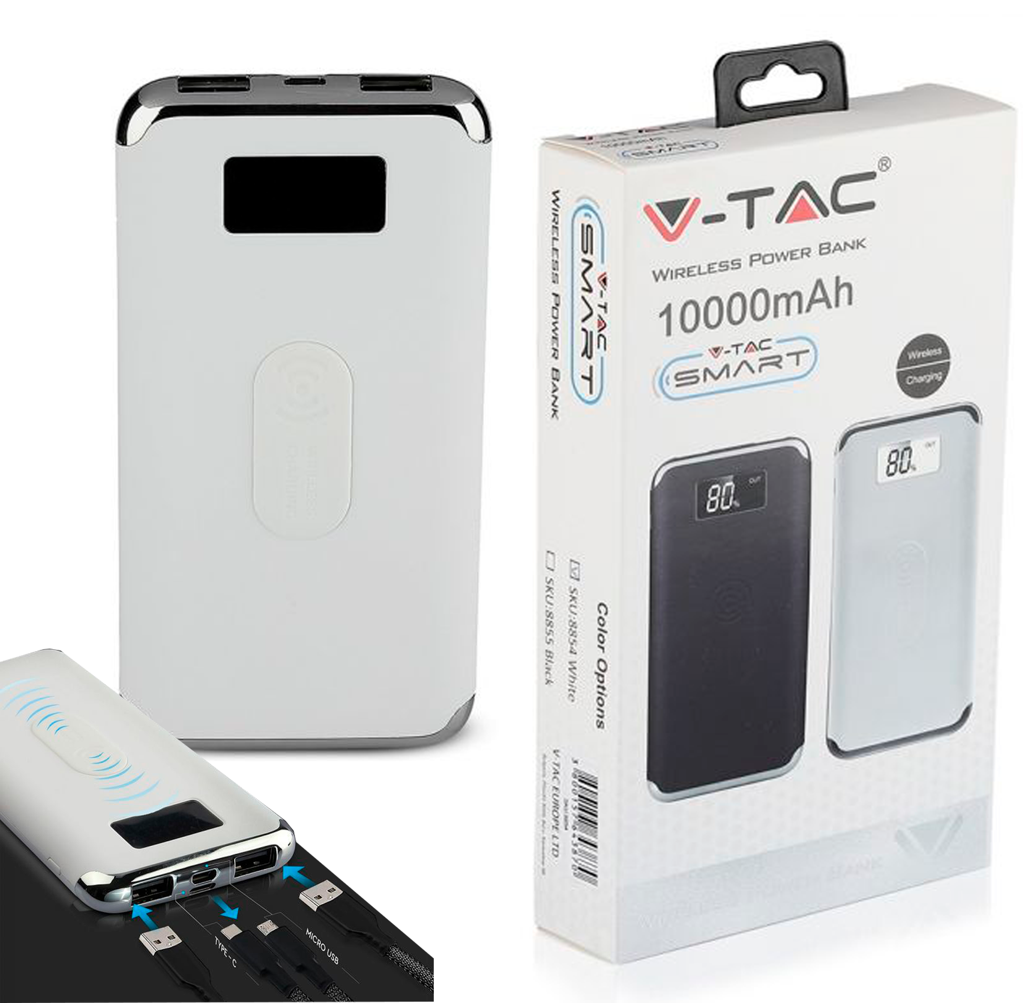 8854-პორტატული დამტენი  10K MAH ეკრანით და WIRELESS თეთრი ფერი   015770